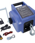 Must-Have Reversible 12V Electric Winch With Wireless Remote For Heavy Duty Trailer And Offroad Recovery Pulling Up To 2000lbs Towing Power, showing blue casing and accessories.