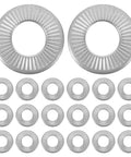 40 Pack M6 Belleville Washers, Conical Knurled Spring Disc Washers For Auto And Industrial Use, Heavy Duty Elastic Action, Anti Rotation Serrated Grip, Keeps Joints Tight And Vibration Free, silver washers laid out