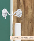 3-Inch Heavy Duty Hook And Eye Latch Set, 2 Pack With 8 Mounting Screws, White Powder Coated Stainless Steel Barn Door Lock installed on door