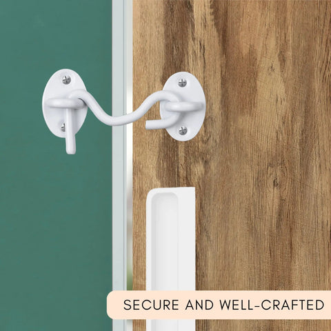 3-Inch Heavy Duty Hook And Eye Latch Set, 2 Pack With 8 Mounting Screws, White Powder Coated Stainless Steel Barn Door Lock installed on door