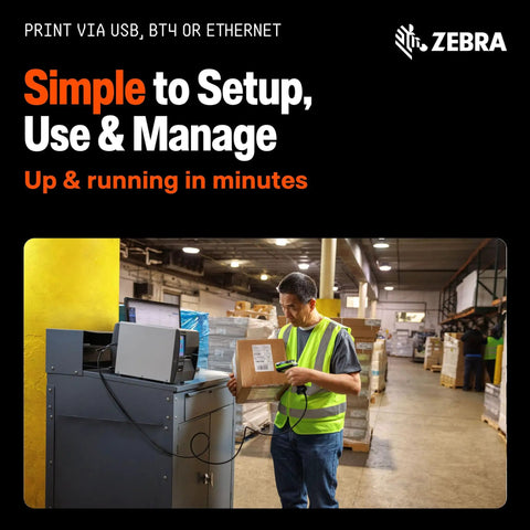 Industrial Label Printer Four Inch Thermal Transfer Featuring Two Zero Three DPI Bluetooth Usb Serial Ports Touch Screen in a busy warehouse.