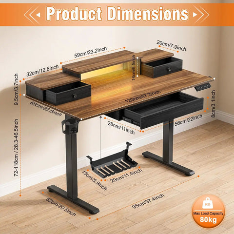 Gaming Stand Up Desk With Led Lights And Drawers Electric Lift Computer Table For Office Workstations Featuring Cable Management Rack, dimensions labeled.