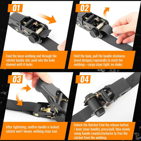 Four Pack Heavy Duty Ratchet Straps Deliver Lockdown Tight Tie Downs For Secure Trailer Hauling 2100 Pound Breaking Strength With Tough As Nails Reinforced Black Webbing And Reliable S Hooks, shows step-by-step usage.