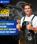 Man in work overalls holding wrench next to Arana logo and text on quality process and customer support