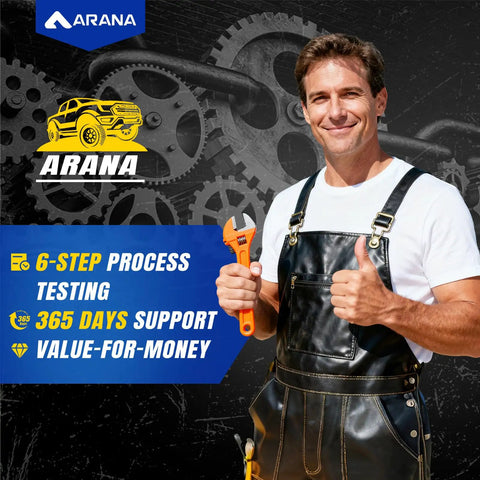 Man in work overalls holding wrench next to Arana logo and text on quality process and customer support