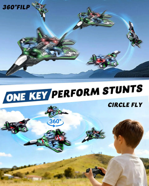 Kid using remote control for Kids RC Plane Drone For Boys And Girls, Remote Control Airplane with LED Lights and 360 Flip Stunts.
