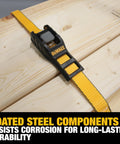 Heavy Duty 1 Inch By 12 Foot Cam Buckle Straps Set, 2 Pack, secured over wooden boards, showcasing black and yellow design.