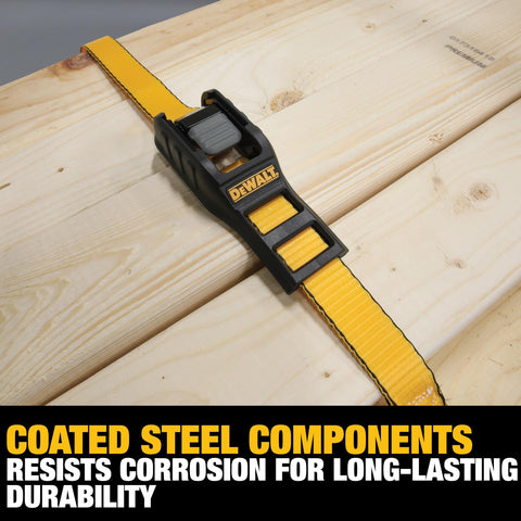 Heavy Duty 1 Inch By 12 Foot Cam Buckle Straps Set, 2 Pack, secured over wooden boards, showcasing black and yellow design.