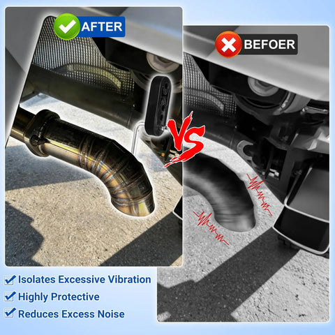 Heavy Duty Exhaust Hanger Kit With Removal Tool For Cars Trucks And SUVs 17 Piece Universal Rubber Muffler Hanger Replacement image before and after installation comparison