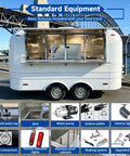 Ready To Roll 13 Foot Vintage Food Trailer with Fully Equipped Mobile Catering Kitchen and Slick White Exterior showing standard equipment features.