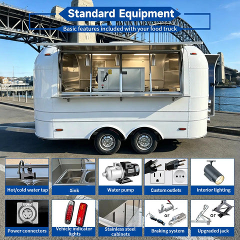 Ready To Roll 13 Foot Vintage Food Trailer with Fully Equipped Mobile Catering Kitchen and Slick White Exterior showing standard equipment features.