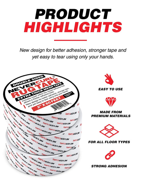 Double Sided Carpet Tape With Mesh Fabric For Extra Thick Hold 2 Inch By 60 Feet Rug Tape stack with product highlights