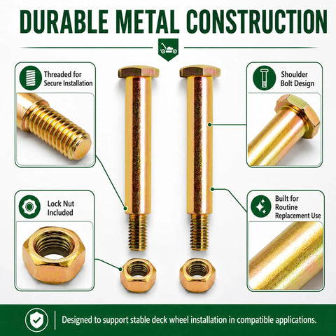 Quick Fix No Sweat Heavy Duty Deck Wheel Shoulder Bolts With Lock Nuts Solid Lawn Mower Repair, including two screws and lock nut.