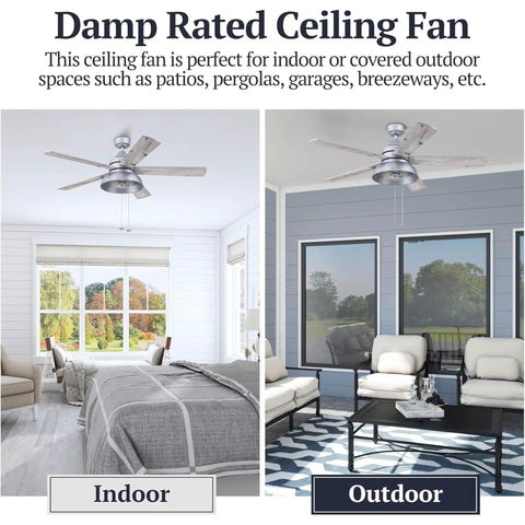 Split view of industrial 52 inch ceiling fan with light kit in galvanized finish in both indoor and outdoor settings