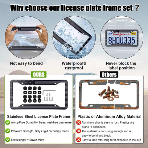 Comparison of Patriotic Stainless Steel License Plate Frames 2 Pack With USA Flag Design vs. rusted alloy frame