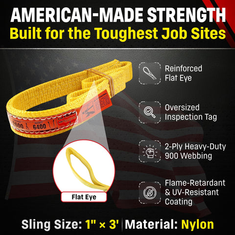 Heavy Duty Nylon Lifting Strap 1 Inch By 3 Foot USA Made 3200 Pound Vertical 2600 Pound Choker 6400 Pound Basket 2 Ply 900 Webbing Type 3 Eye To Eye Rigging Sling with reinforced flat eye and inspection tag.