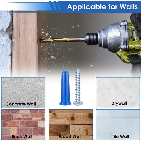 Drill inserting into wood with 182 Piece Concrete Anchors And Screws Kit With 90 Wall Anchors 90 Masonry Screws And 2 Drill Bits