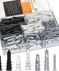All In One 200 Piece Drywall Anchors And Screws Kit Self Drilling With Case showing zinc, nylon anchors, and screws in storage box