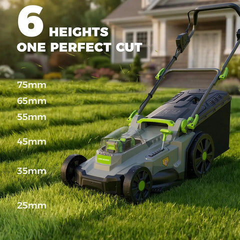 Cordless 40V 17 Inch Lawn Mower With Dual 4Ah Batteries, Brushless 1200W Motor, 6 Level Height Adjustment, 50L Grass Bag, 40 Minute Runtime For Yards Up To 500 Square Meters, Easy Push Start, Quiet Power, Big Yard Companion shown on grass