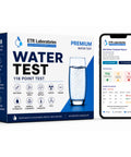 No Sweat Home Water Test Kit That Screens 118 Contaminants Like Heavy Metals Lead And Nitrates With Prepaid Mailing Box and certified lab analysis next to water glass.