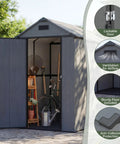 4x6 Foot Plastic Outdoor Storage Shed With Floor Lockable Door Vents UV Resistant Resin Durable Backyard Garden Shed For Lawn Mower And Gear Dark Grey