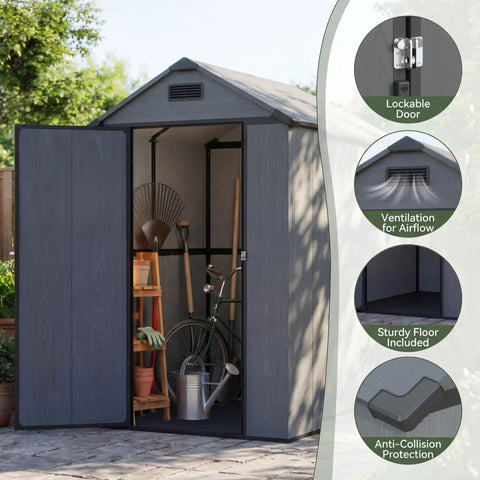4x6 Foot Plastic Outdoor Storage Shed With Floor Lockable Door Vents UV Resistant Resin Durable Backyard Garden Shed For Lawn Mower And Gear Dark Grey