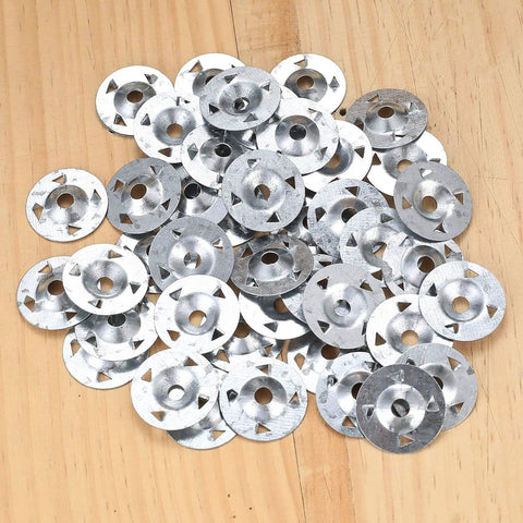 Built Like A Tank Galvanized Steel Foam Board Fastener Washers With Center Groove For Quick Insulation Mounting and Drywall Securing A Twenty Two Count of Real Deal Yard Hardware, silver washers on wood surface.