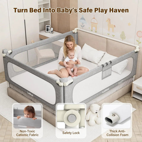 King Size Toddler Bed Rails 3-Piece Set With Corner Cushions in use on bed with a mother and baby