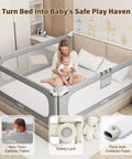 Queen Size Toddler Bed Rails 3 Piece Set With Corner Cushions showing mother and baby, safety lock, and cushioned frame.