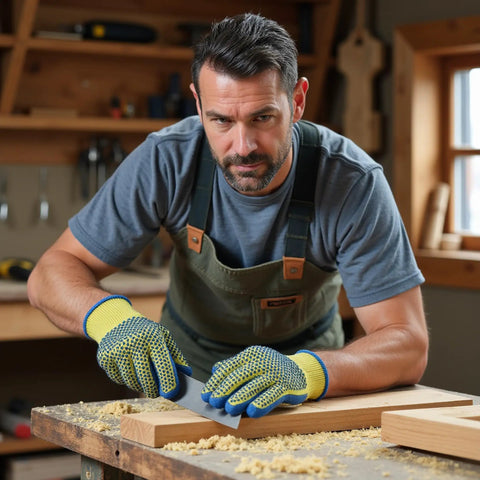 Man wearing Yellow Medium Kevlar Knit Cut Resistant Work Gloves For Tough Jobs ANSI Rated Hand Protection From Glass Sheet Metal And Sharp Objects Heavy Duty Safety Gear You Can Trust while woodworking