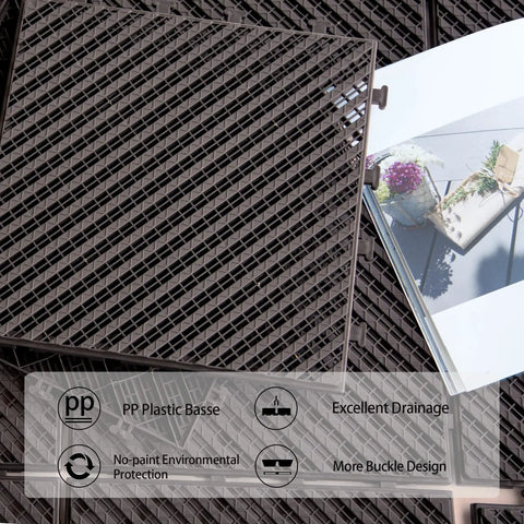 Interlocking Deck Tiles 27 Pack Outdoor Flooring 12 By 12 Inch Plastic Tiles DIY Friendly All Weather Waterproof Patio Pavers For Balcony Decor Porch Poolside Backyard Brown Non Slip Easy Install showing close-up of tile texture.