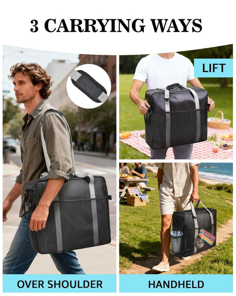 Ninja Slushie Machine Carrying Bag FS301 FS300 shown in three carrying styles: over shoulder, lift, handheld outdoors