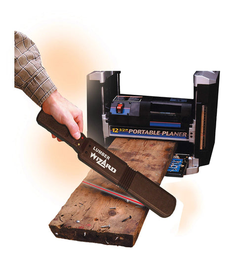 Lumber Wizard 5 metal detector for woodworking, handheld brown handle beside a wood plank and planer.