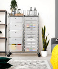 Front view of Rolling 15 Drawer Utility Cart For Tools Crafts And Office Beefy Heavy Duty Chrome Storage Organizer On Wheels