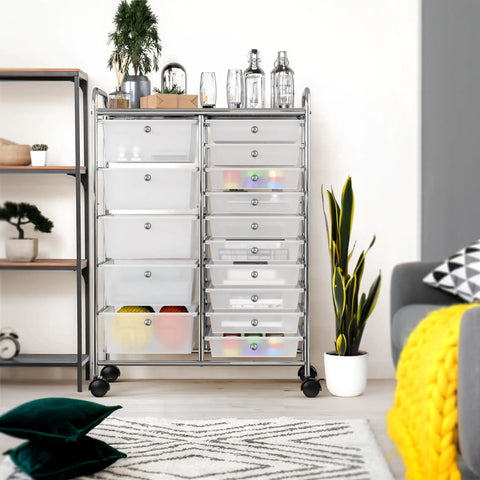 Front view of Rolling 15 Drawer Utility Cart For Tools Crafts And Office Beefy Heavy Duty Chrome Storage Organizer On Wheels