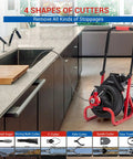 Pro Grade Auto Feed Electric Drain Cleaner 75 Ft Heavy Duty Plumbing Snake with various cutter types for effective clog removal.