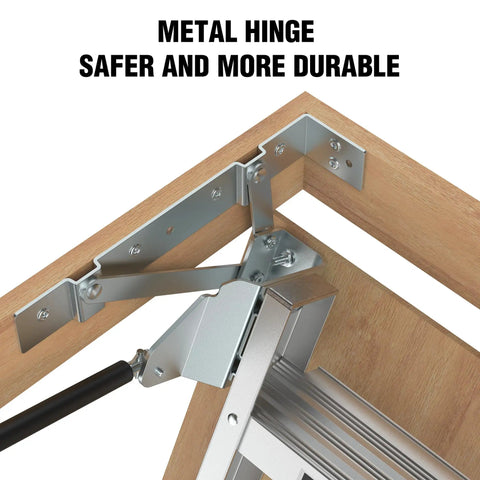 Heavy Duty Aluminum Attic Ladder Pull Down Loft Stairs For Easy Attic Access Door Manual Lift Foldable Ceiling Steps Fits 7 Ft 8 In To 10 Ft 3 In Ceilings 22.5 In By 54 In Opening 375 Lbs Capacity, metal hinge detail