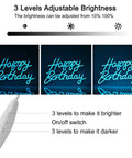 Blue Happy Birthday Neon Sign For Wall Decor With Dimmable USB Switch, showing three adjustable brightness levels and remote.