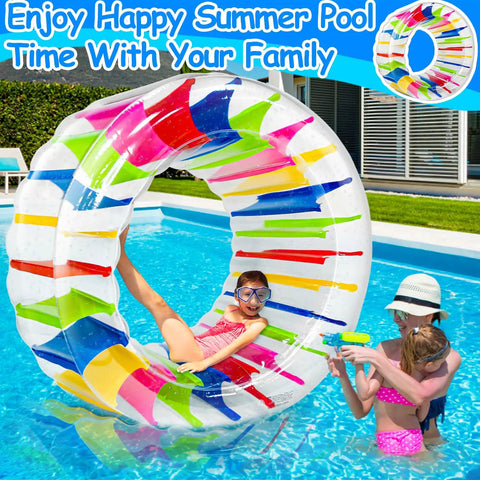 65 Inch Giant Inflatable Wheel Roller Pool Toy For Kids Ages 6 And Up, Fun Water Rolling Wheel in use by children in pool