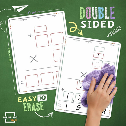 Hand erasing 9x12 dry erase sheets on green background, showcasing multiplication practice for classroom math manipulatives.