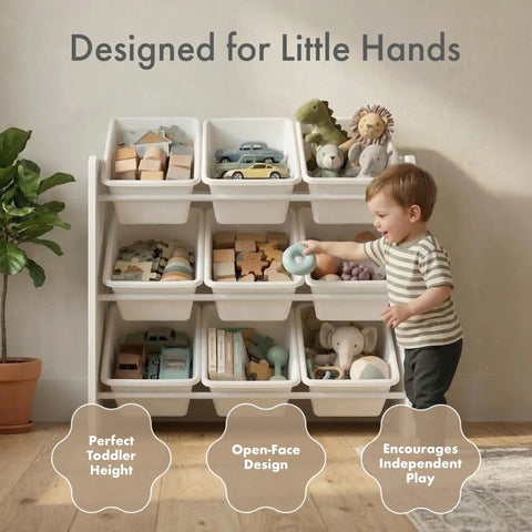Toddler with Three Tier Toy Storage Organizer With Nine Removable Bins For Kid Friendly Playroom No Mess Easy Cleanup