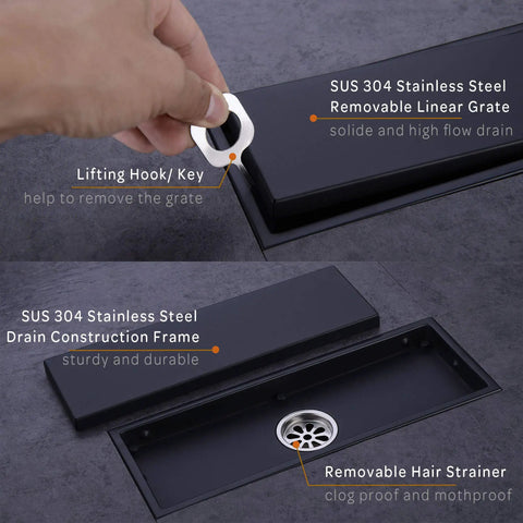 304 Stainless Steel Linear Shower Floor Drain With Tile Insert Grate Removable Cover 12 Inch Rectangle Matte Black Finish
