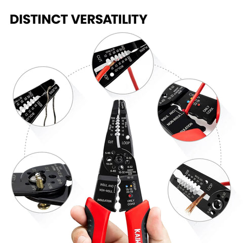 All In One Wire Stripper And Cable Splicer Tool For 10 22 AWG with close-up of cutting, stripping, and crimping features