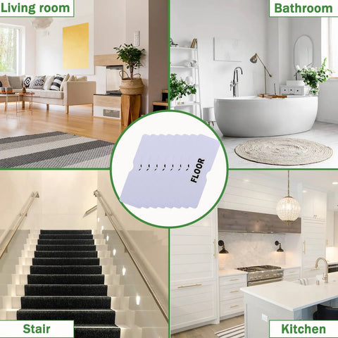 Eight Piece Rug Corner Grippers Set With Double Sided Rug Tape shown in living room, bathroom, stair, kitchen settings