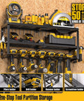 Power Tool Organizer For Gear Storage And Wall Mounted Drill Holder With Screwdriver Organizer For Garage Heavy Duty Metal Tool Shelf With Battery Holder And 320 Pound Load Capacity showing tools stored in various compartments.