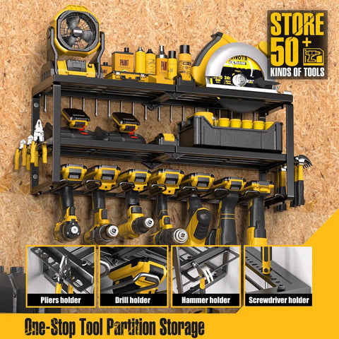 Power Tool Organizer For Gear Storage And Wall Mounted Drill Holder With Screwdriver Organizer For Garage Heavy Duty Metal Tool Shelf With Battery Holder And 320 Pound Load Capacity showing tools stored in various compartments.