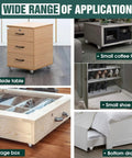 Built Different One Inch Mini Caster Wheels Four Pack on a bedside table and storage box for easy mobility.