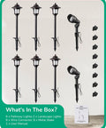 8 Pack Low Voltage Landscape Lights Kit With 6 Pathway Lights And 2 Spotlights, contents displayed including connectors