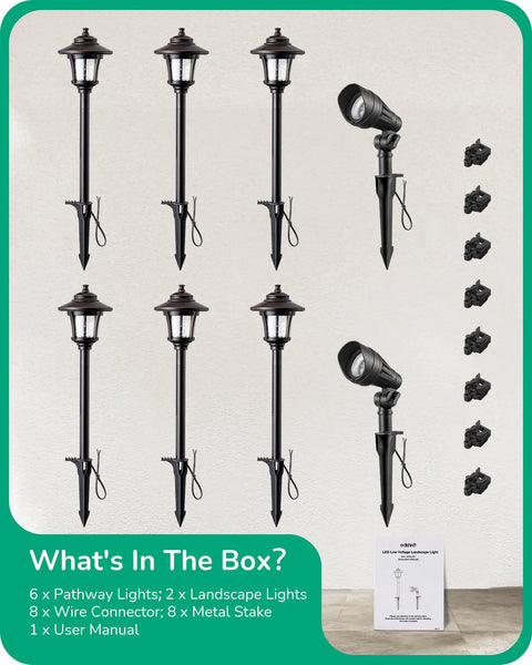 8 Pack Low Voltage Landscape Lights Kit With 6 Pathway Lights And 2 Spotlights, contents displayed including connectors