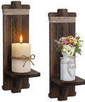 Handmade Paulownia Wood Candle Sconces Set Of Two Vintage Rustic Farmhouse Wall Decor with candle and flowers.